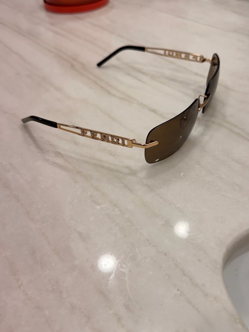 Fendi Vintage Gold Frame Rimless Sunglasses with Brown Lenses